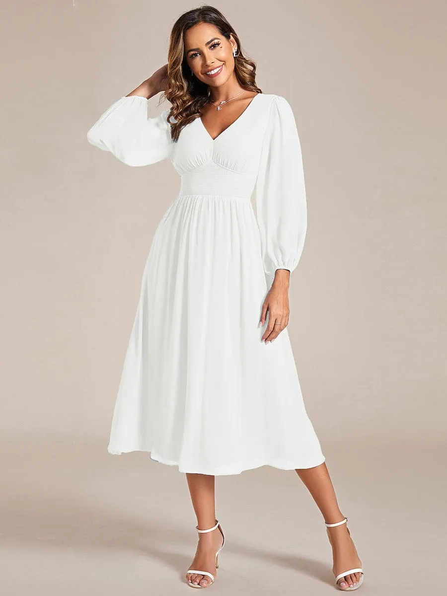Elegant V Neck Long Sleeves Midi Wedding Guest Dress